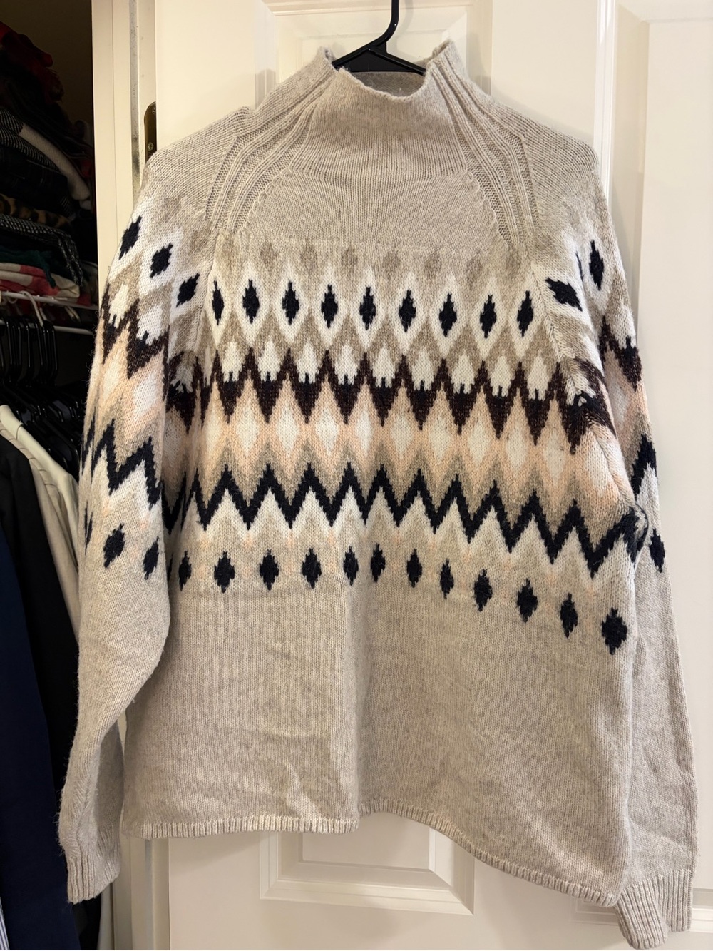 H&M Fair Isle Mock Neck Sweater in Beige, Black & Brown
